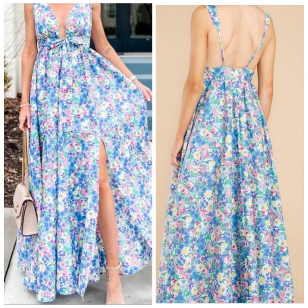 Aakaa Blue Floral Cotton Sleeveless Plunging V Neck Maxi Dress Size Large NEW